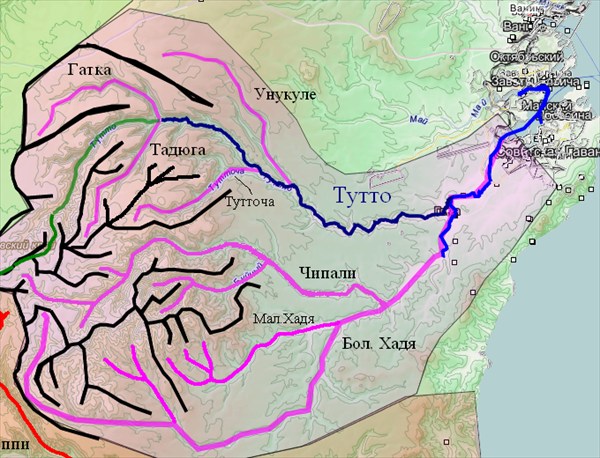 Бассейны Хади и Тутто с притоками и маршрутом экспедиции